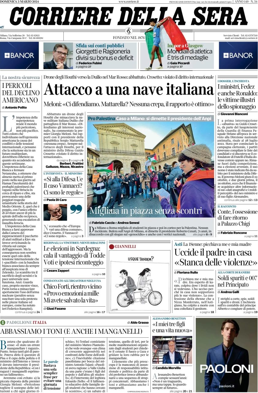 prima pagina - Corriere della Sera del 03/03/2024