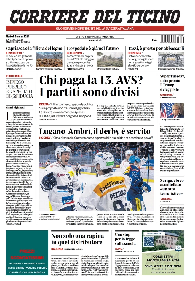 prima pagina - Corriere del Ticino del 04/03/2024