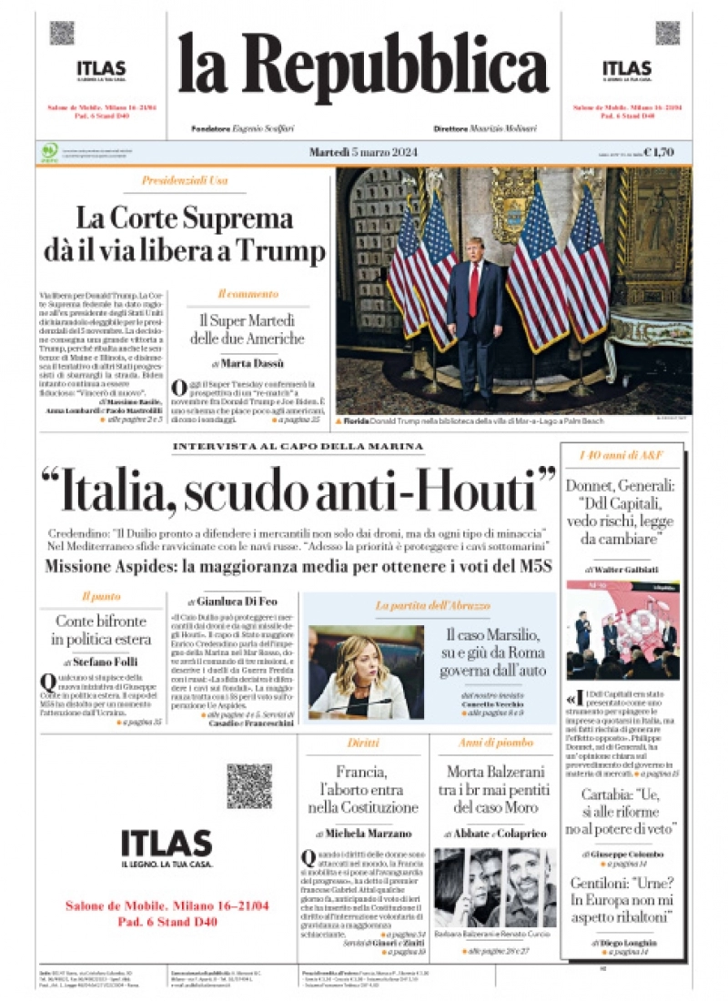 prima pagina - La Repubblica del 04/03/2024