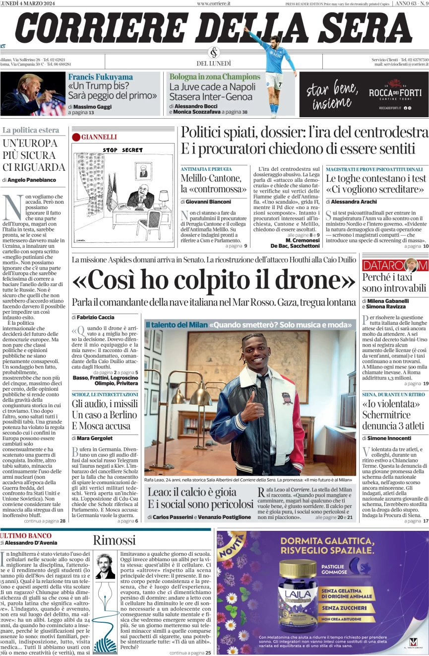 prima pagina - Corriere della Sera del 04/03/2024
