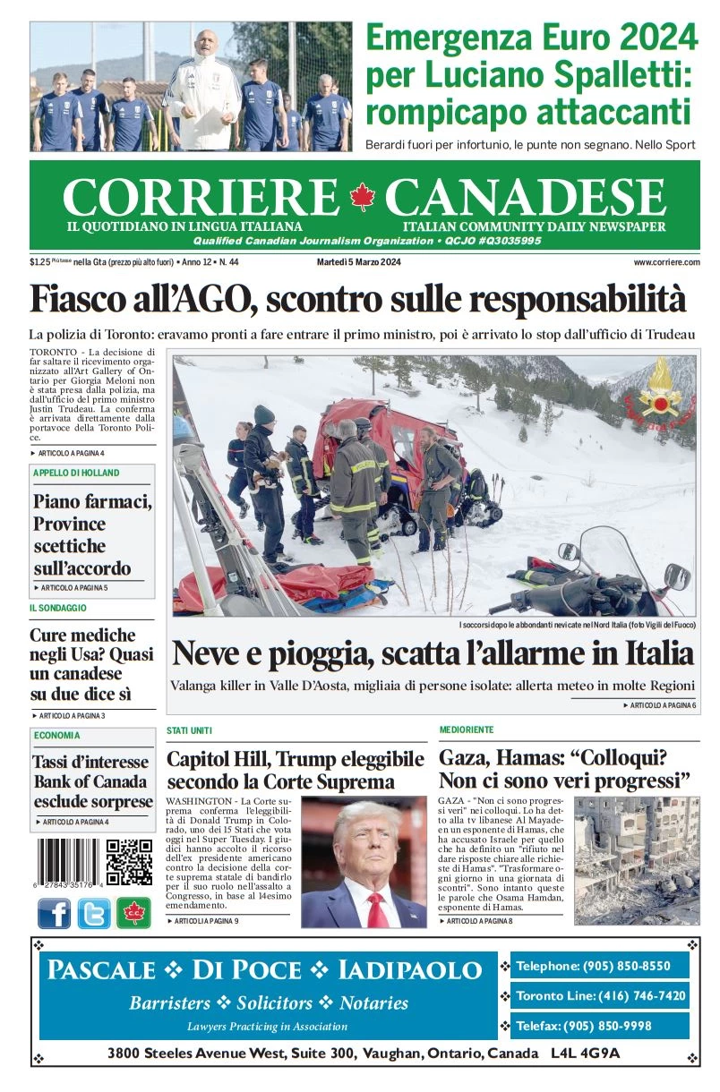 prima pagina - Corriere Canadese del 04/03/2024