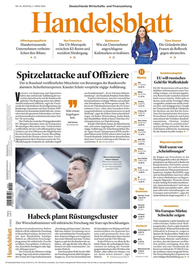 anteprima della prima pagina di handelsblatt del 04/03/2024