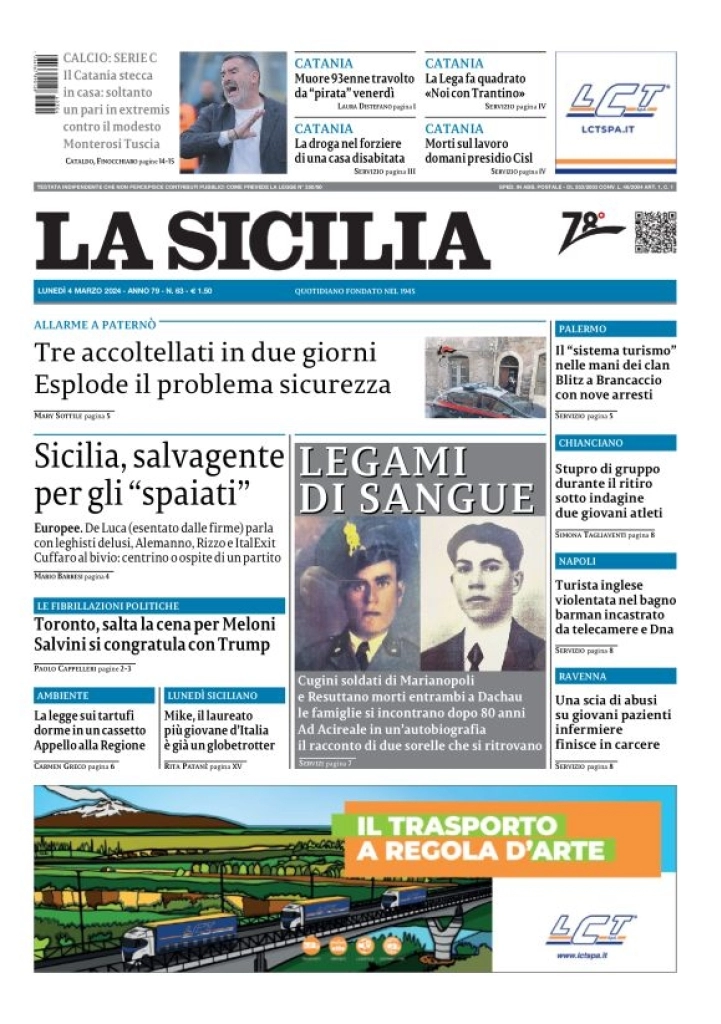 anteprima della prima pagina di la-sicilia del 04/03/2024