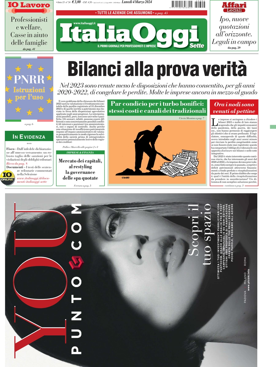 prima pagina - ItaliaOggi del 04/03/2024