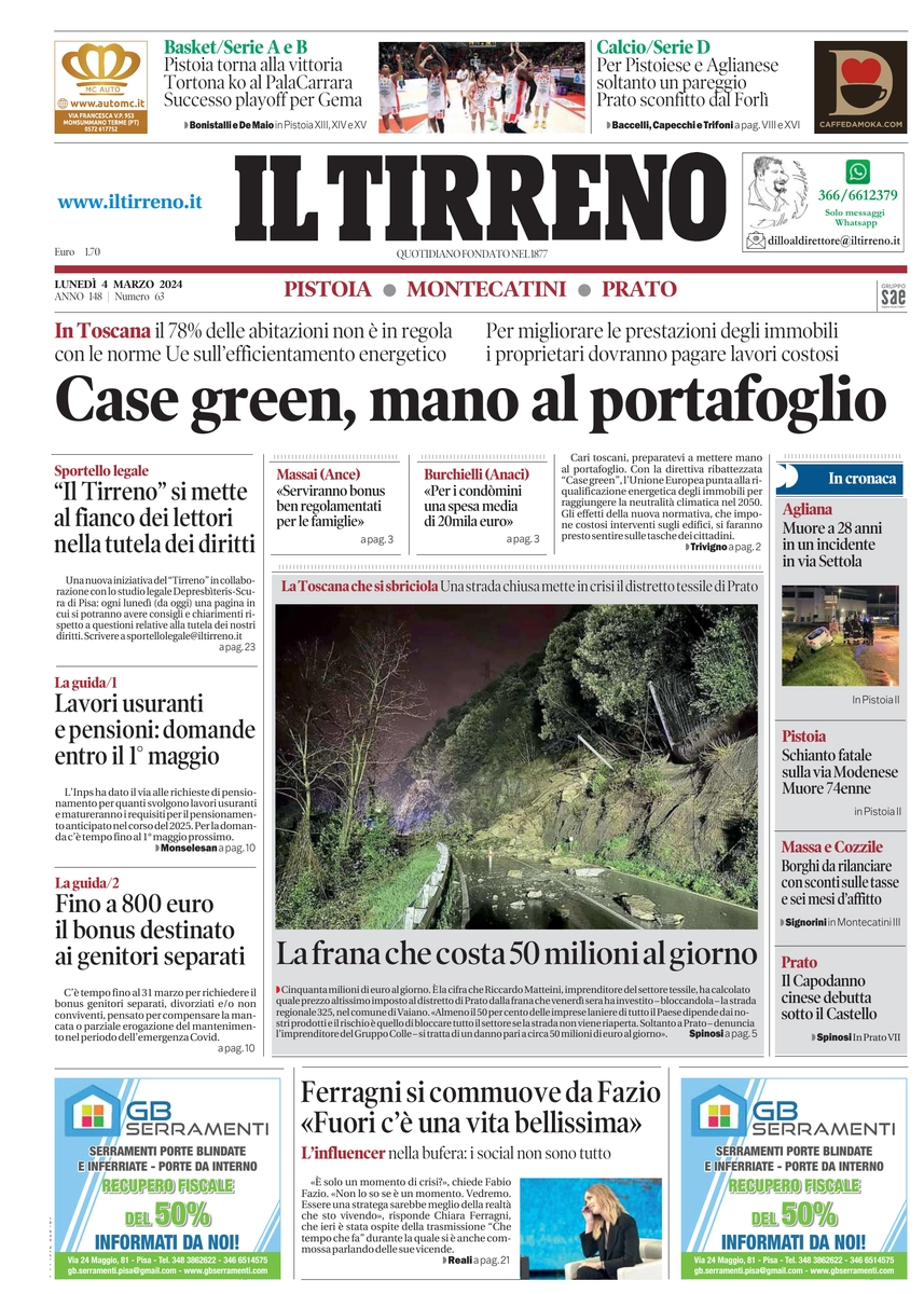 anteprima della prima pagina di il-tirreno-pistoia,-montecatini,-prato del 04/03/2024