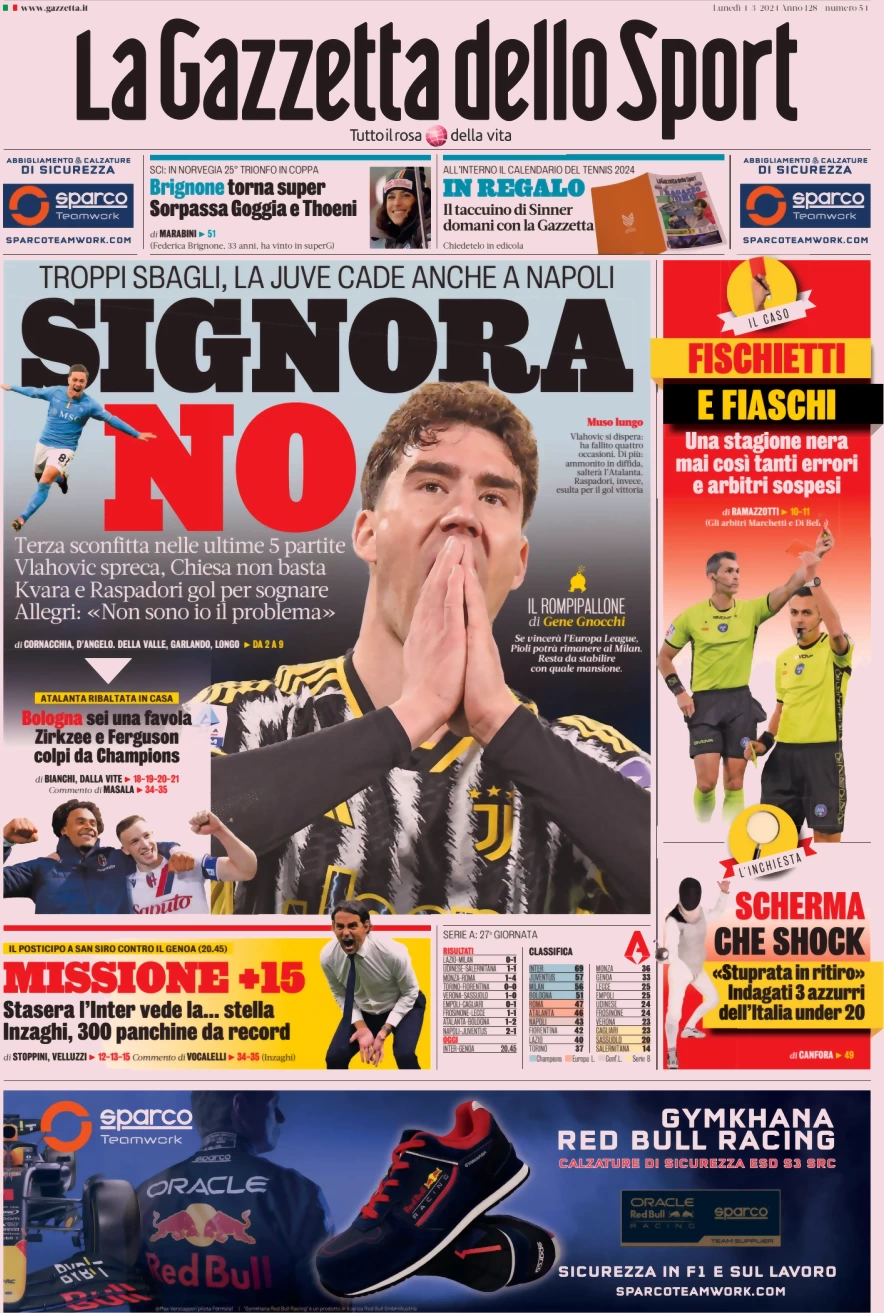 prima pagina - La Gazzetta dello Sport del 04/03/2024