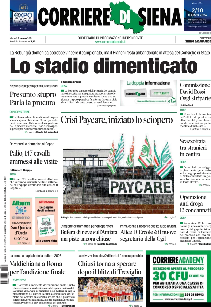 anteprima della prima pagina di corriere-di-siena del 05/03/2024