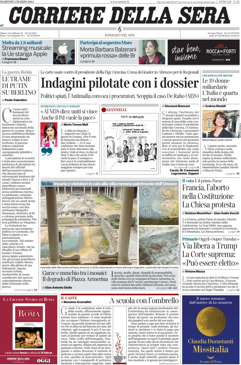 prima pagina - Corriere della Sera del 05/03/2024
