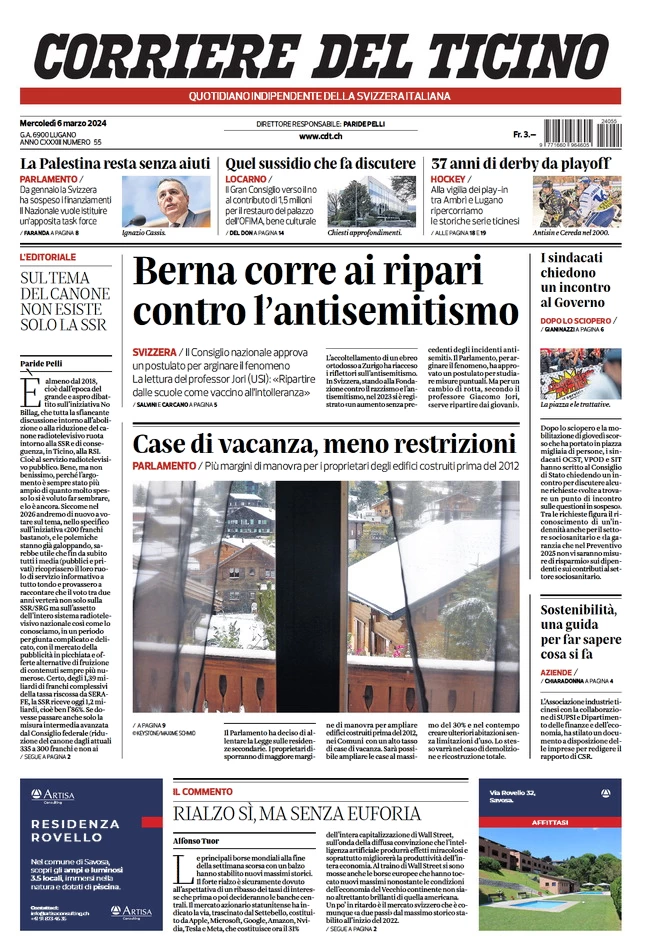 prima pagina - Corriere del Ticino del 05/03/2024