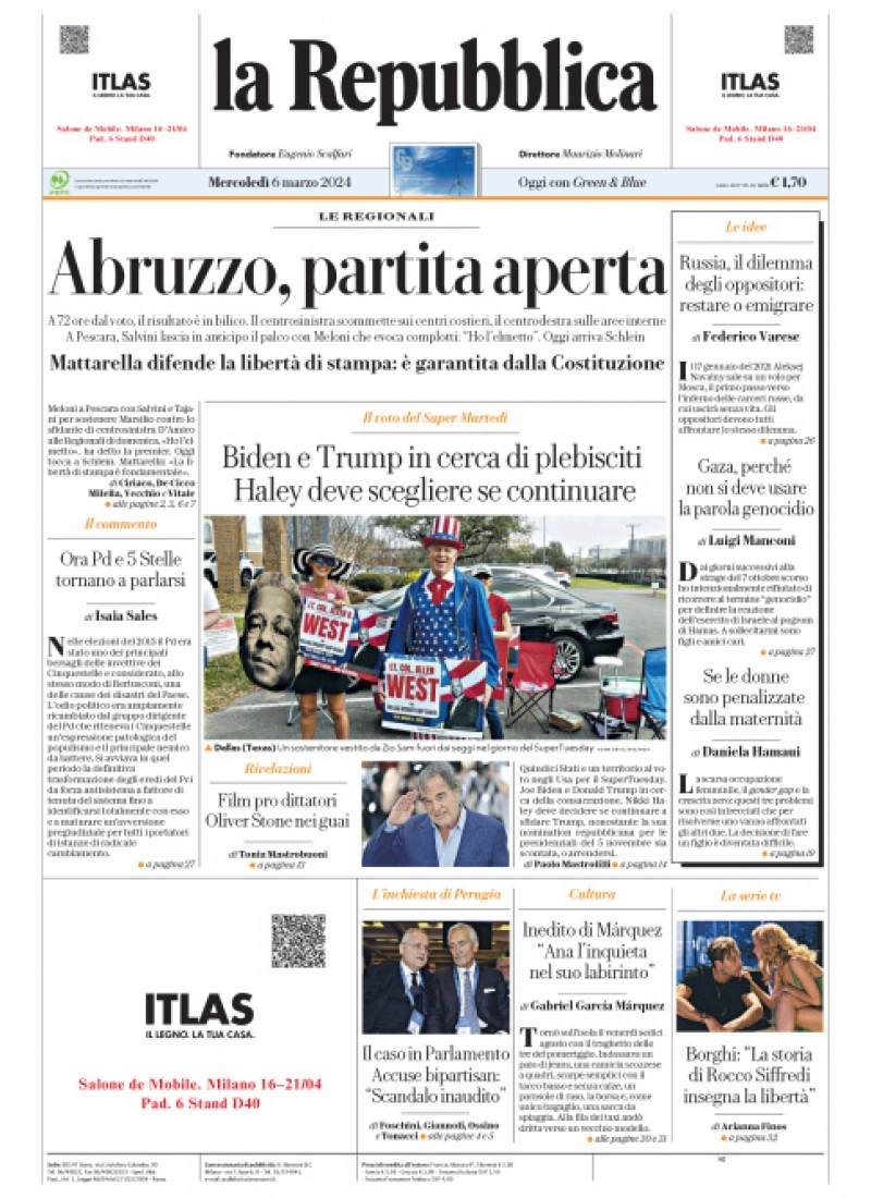 prima pagina - La Repubblica del 05/03/2024