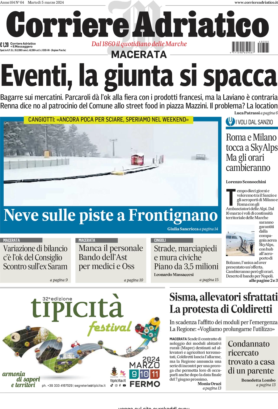 anteprima della prima pagina di corriere-adriatico-macerata del 05/03/2024