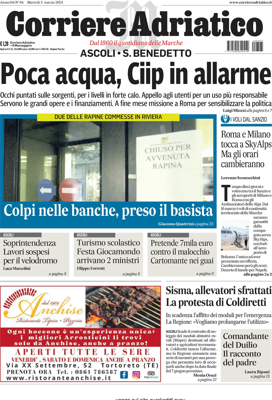 anteprima della prima pagina di corriere-adriatico-ascoli del 05/03/2024