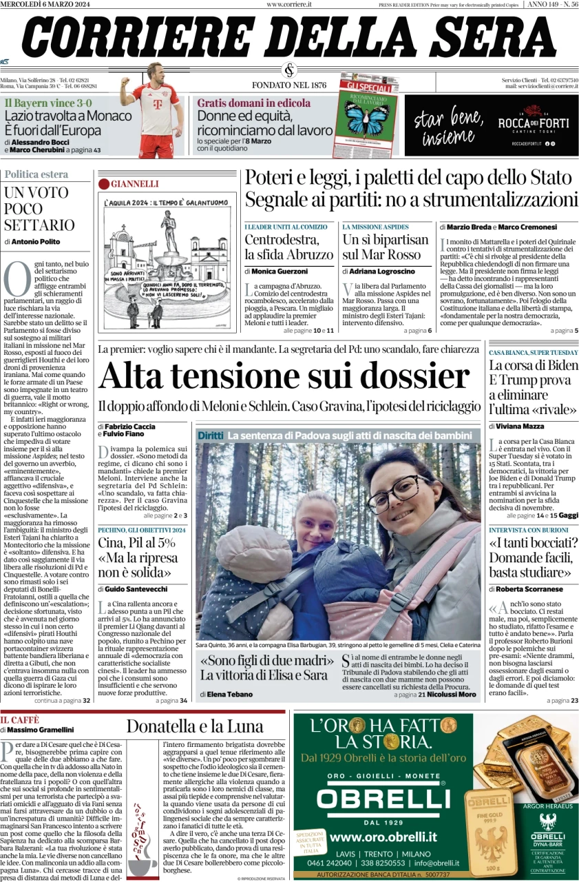 prima pagina - Corriere della Sera del 06/03/2024