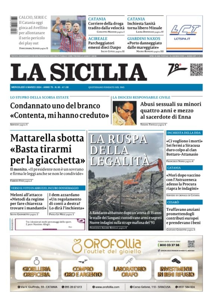 anteprima della prima pagina di la-sicilia del 06/03/2024