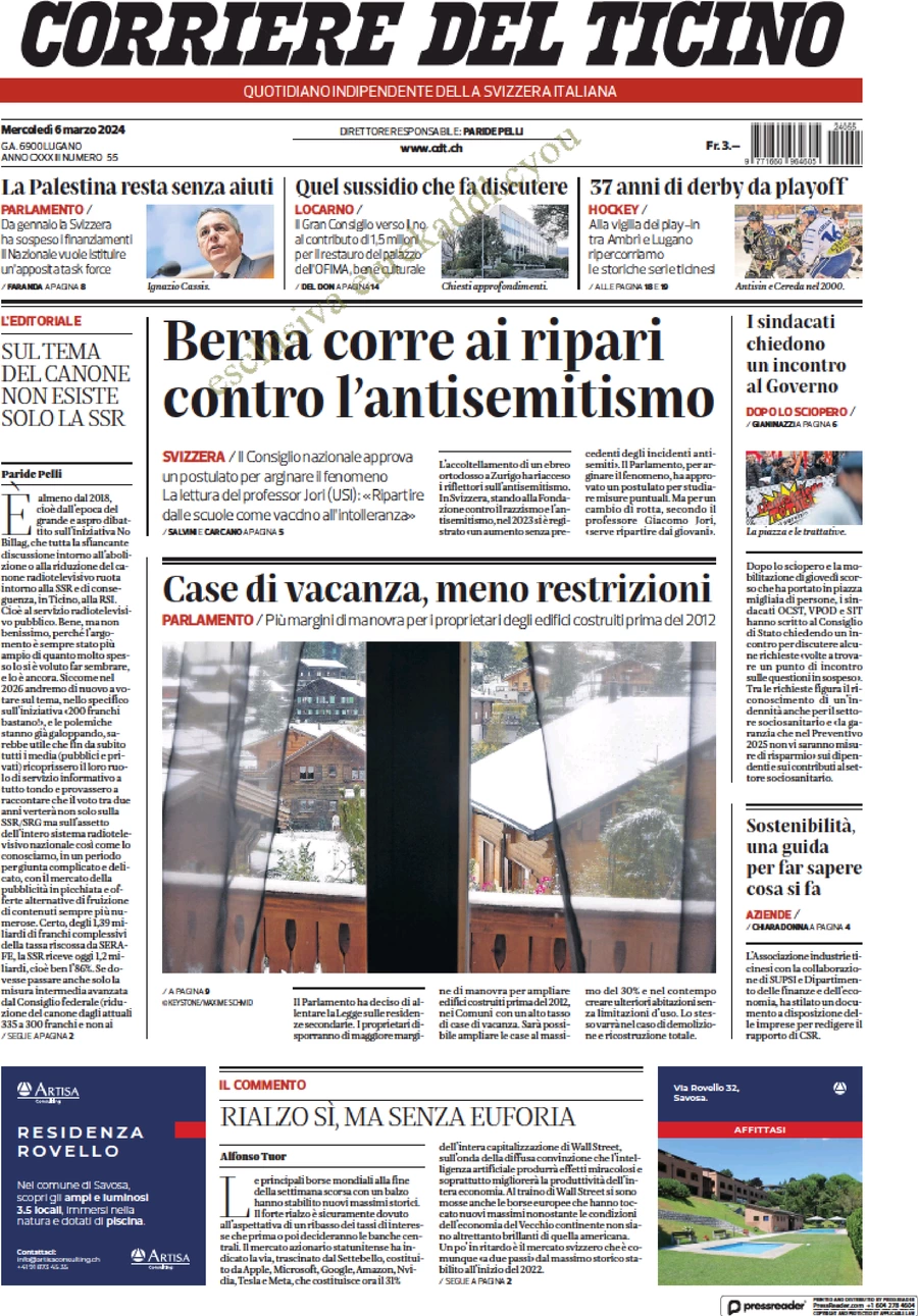 prima pagina - Corriere del Ticino del 06/03/2024