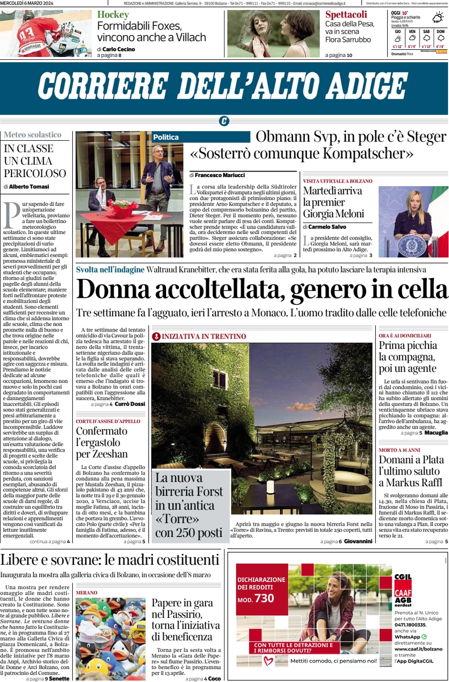 anteprima della prima pagina di corriere-dellalto-adige del 06/03/2024