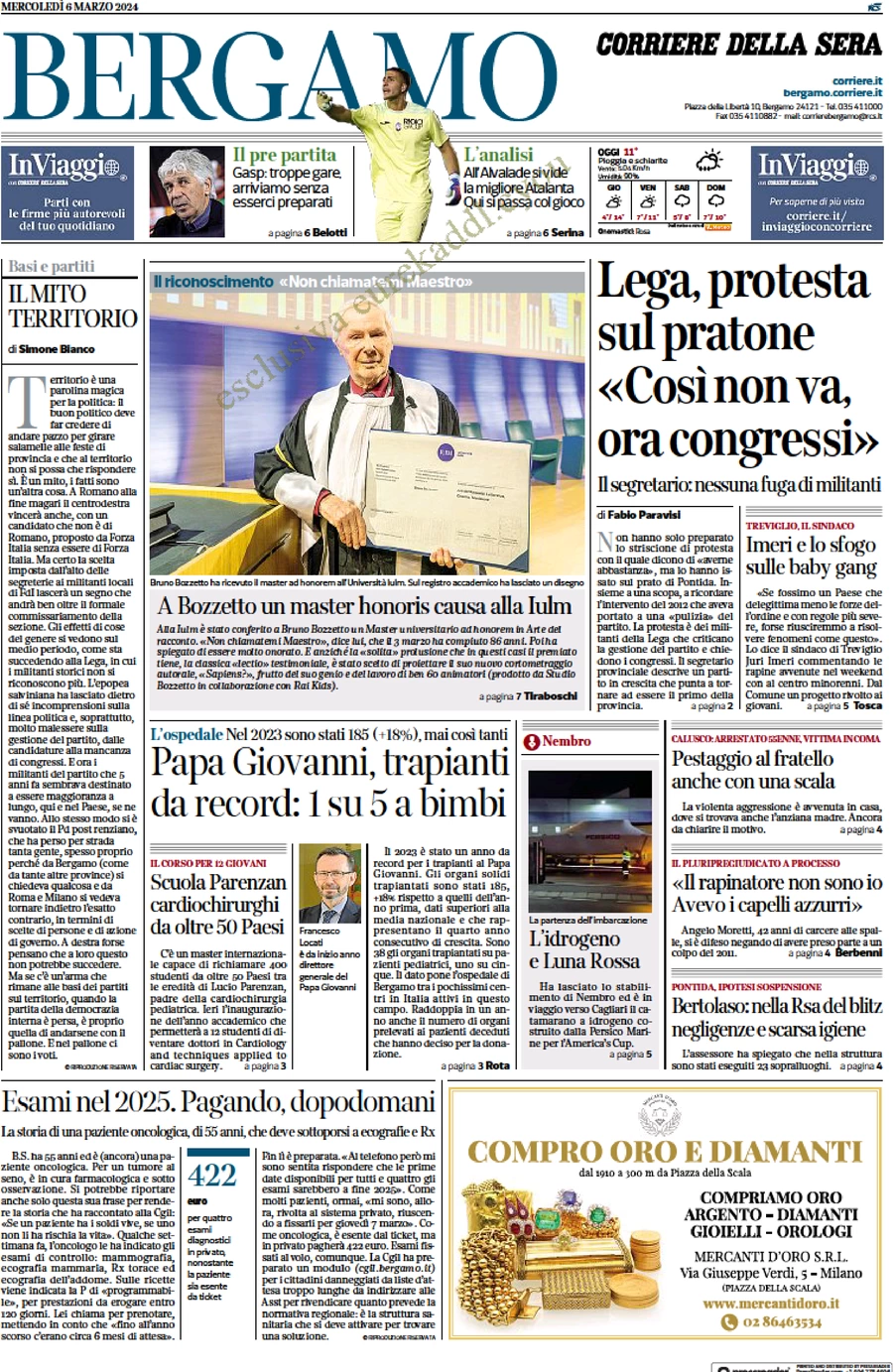 anteprima della prima pagina di corriere-della-sera-bergamo del 06/03/2024