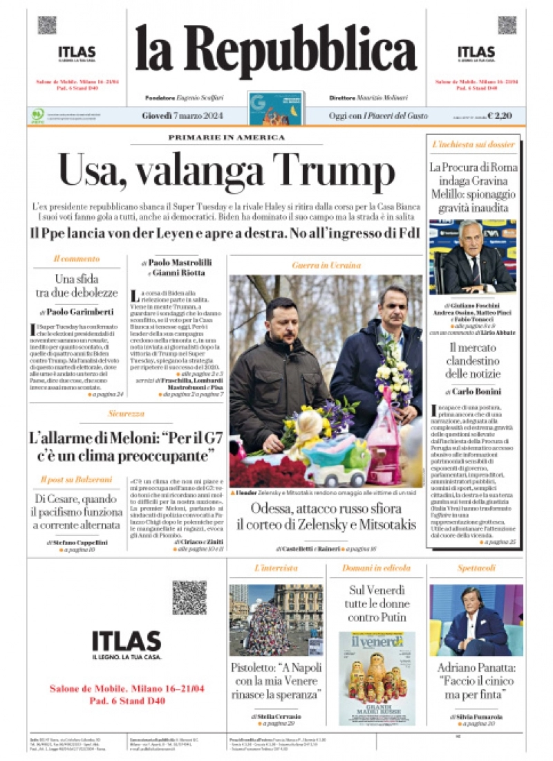 prima pagina - La Repubblica del 06/03/2024