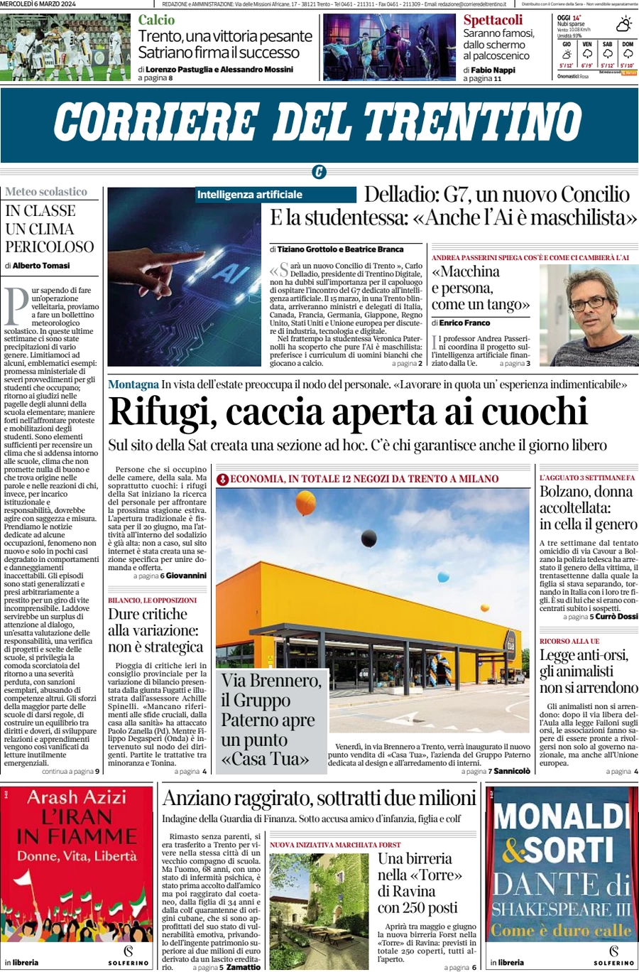 anteprima della prima pagina di corriere-del-trentino del 06/03/2024