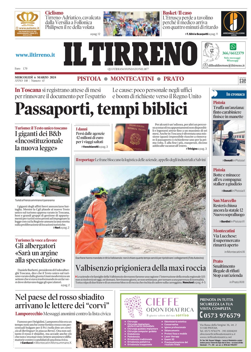 anteprima della prima pagina di il-tirreno-pistoia,-montecatini,-prato del 06/03/2024