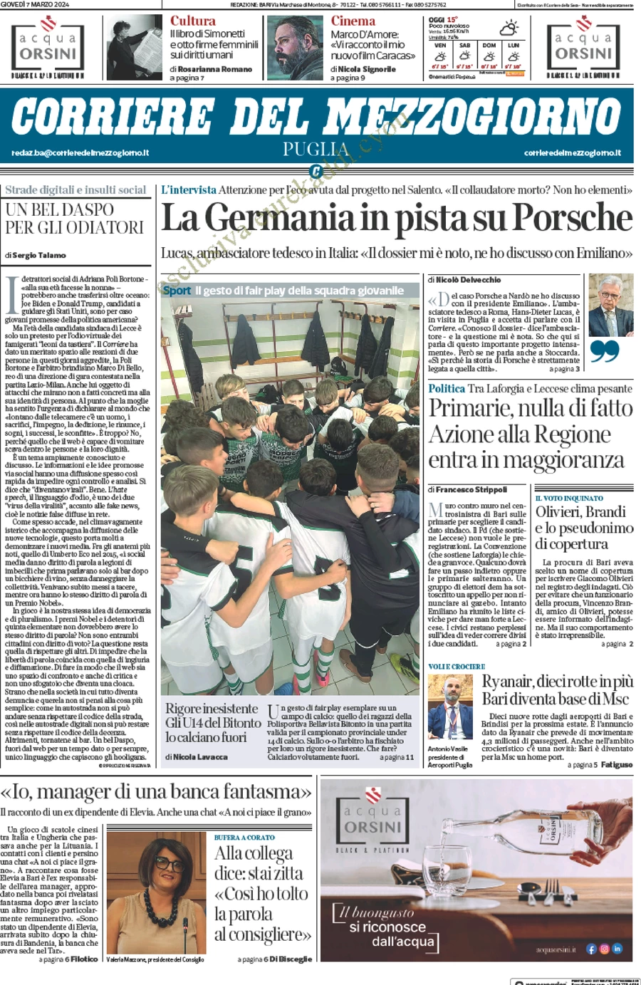 anteprima della prima pagina di corriere-del-mezzogiorno-puglia del 07/03/2024