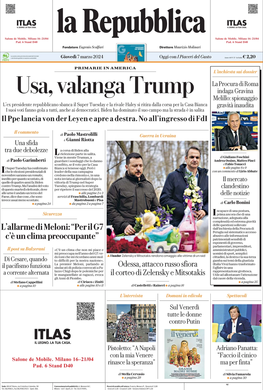 prima pagina - La Repubblica del 07/03/2024
