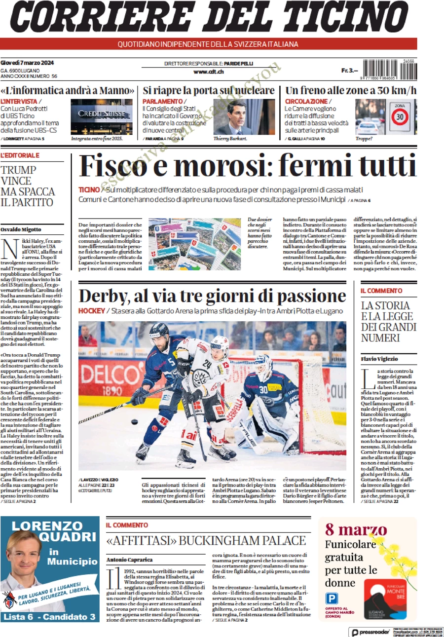 prima pagina - Corriere del Ticino del 07/03/2024