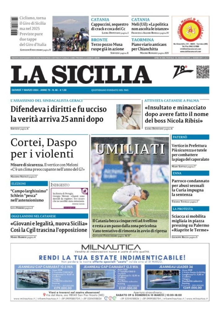 anteprima della prima pagina di la-sicilia del 07/03/2024