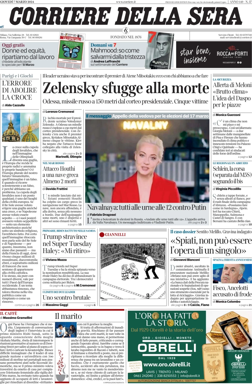 prima pagina - Corriere della Sera del 07/03/2024