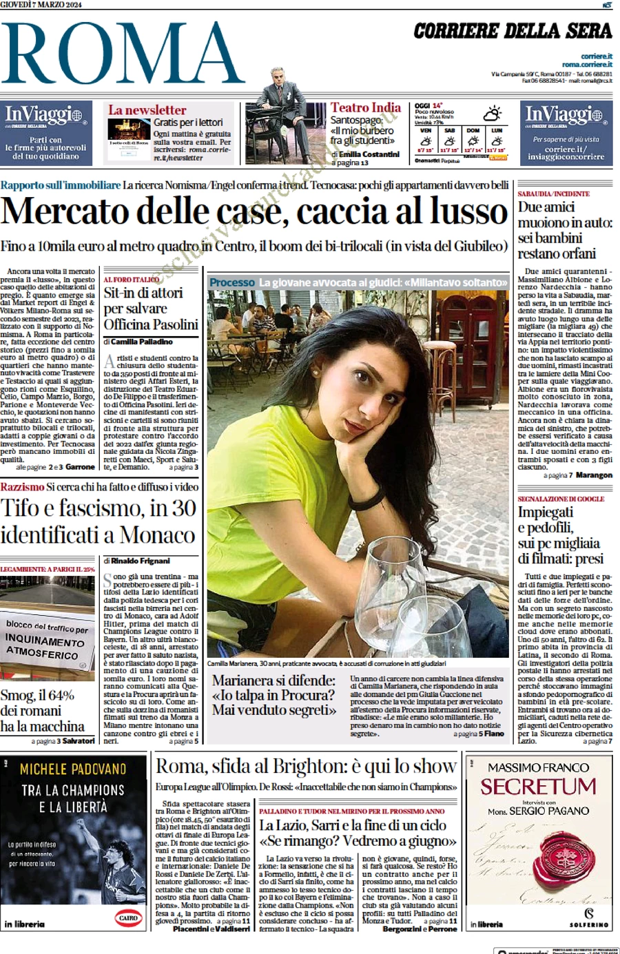 anteprima della prima pagina di corriere-della-sera-roma del 07/03/2024