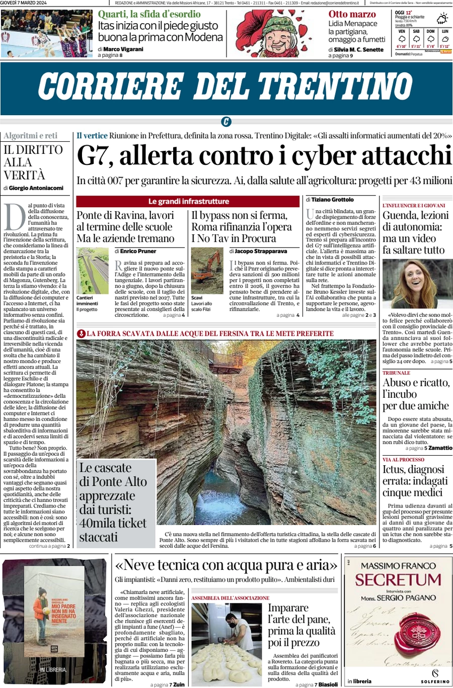 anteprima della prima pagina di corriere-del-trentino del 07/03/2024