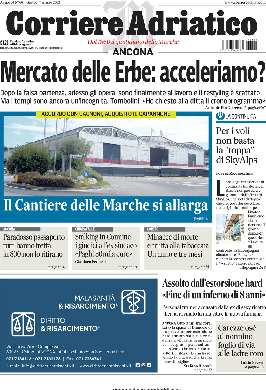 anteprima della prima pagina di corriere-adriatico-ancona del 07/03/2024