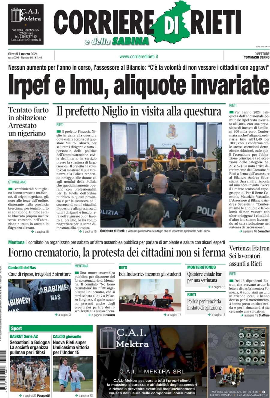anteprima della prima pagina di corriere-di-rieti-e-della-sabina del 07/03/2024