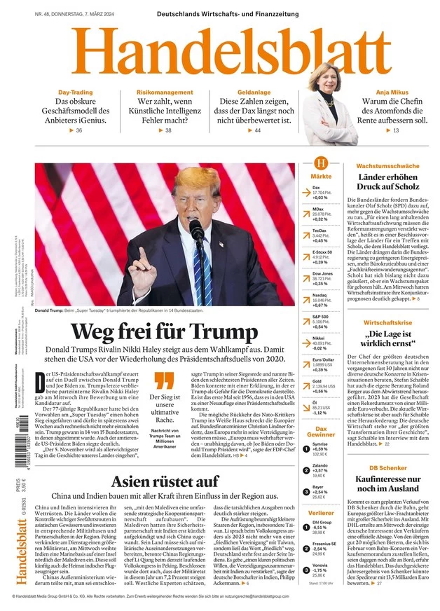 anteprima della prima pagina di handelsblatt del 07/03/2024