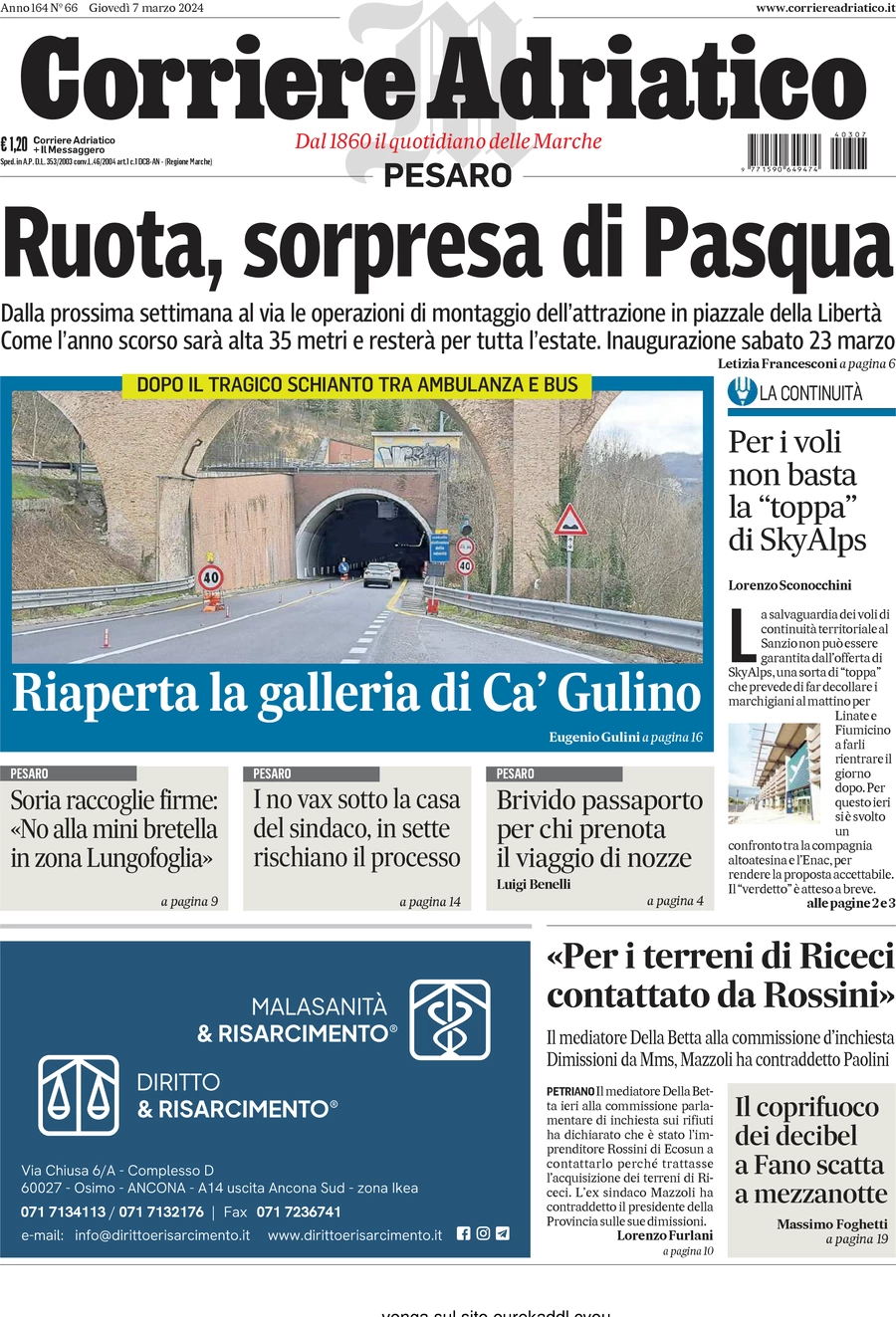 anteprima della prima pagina di corriere-adriatico-pesaro del 07/03/2024