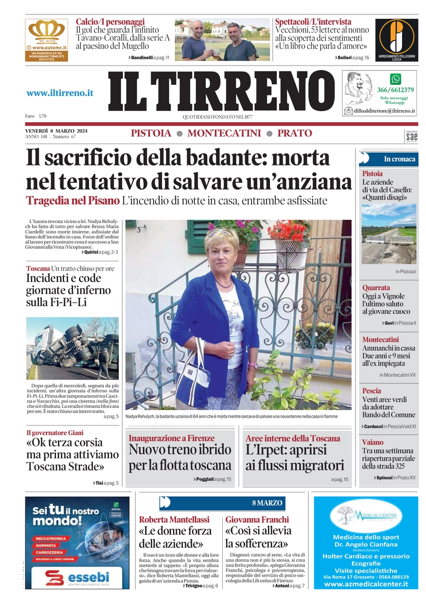 anteprima della prima pagina di il-tirreno-pistoia,-montecatini,-prato del 08/03/2024
