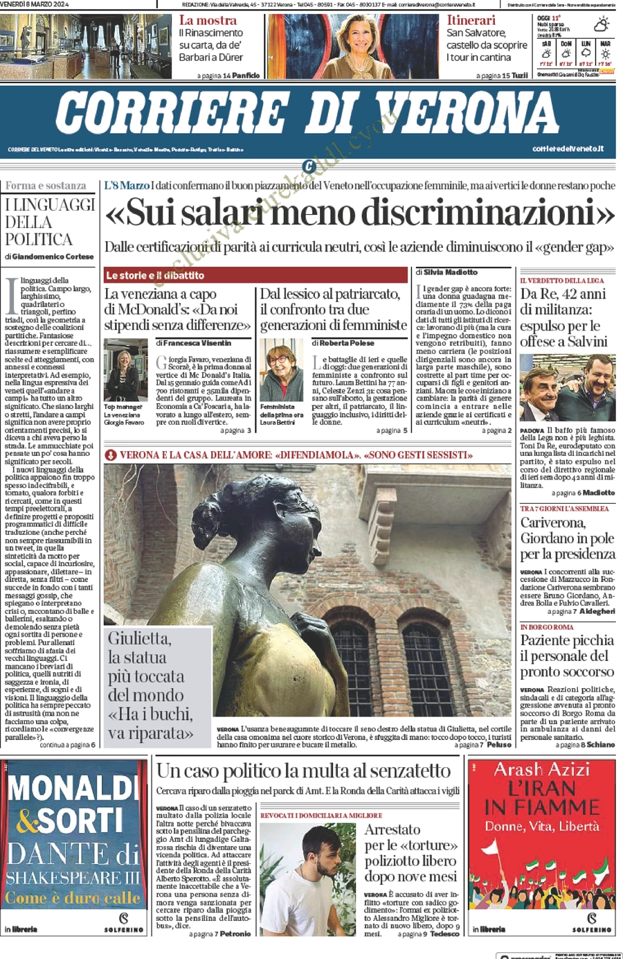 anteprima della prima pagina di corriere-di-verona del 08/03/2024