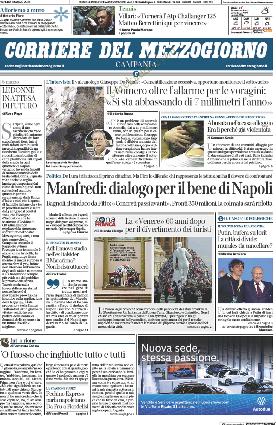 anteprima della prima pagina di corriere-del-mezzogiorno-campania del 08/03/2024