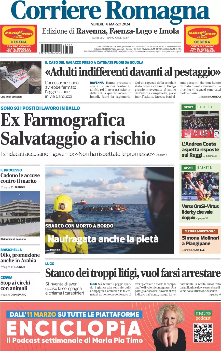 anteprima della prima pagina di corriere-romagna-ravenna-e-imola del 08/03/2024