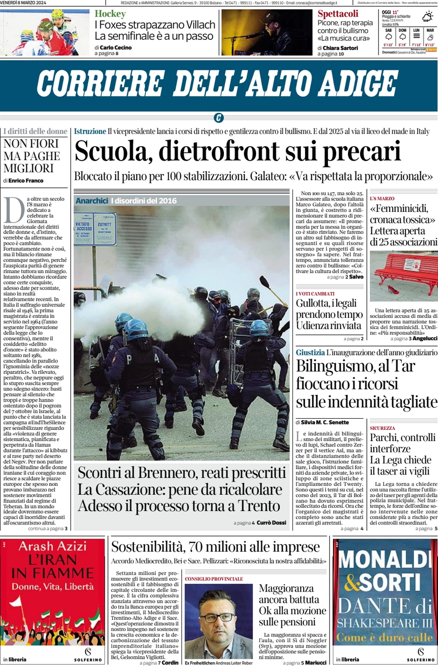 anteprima della prima pagina di corriere-dellalto-adige del 08/03/2024