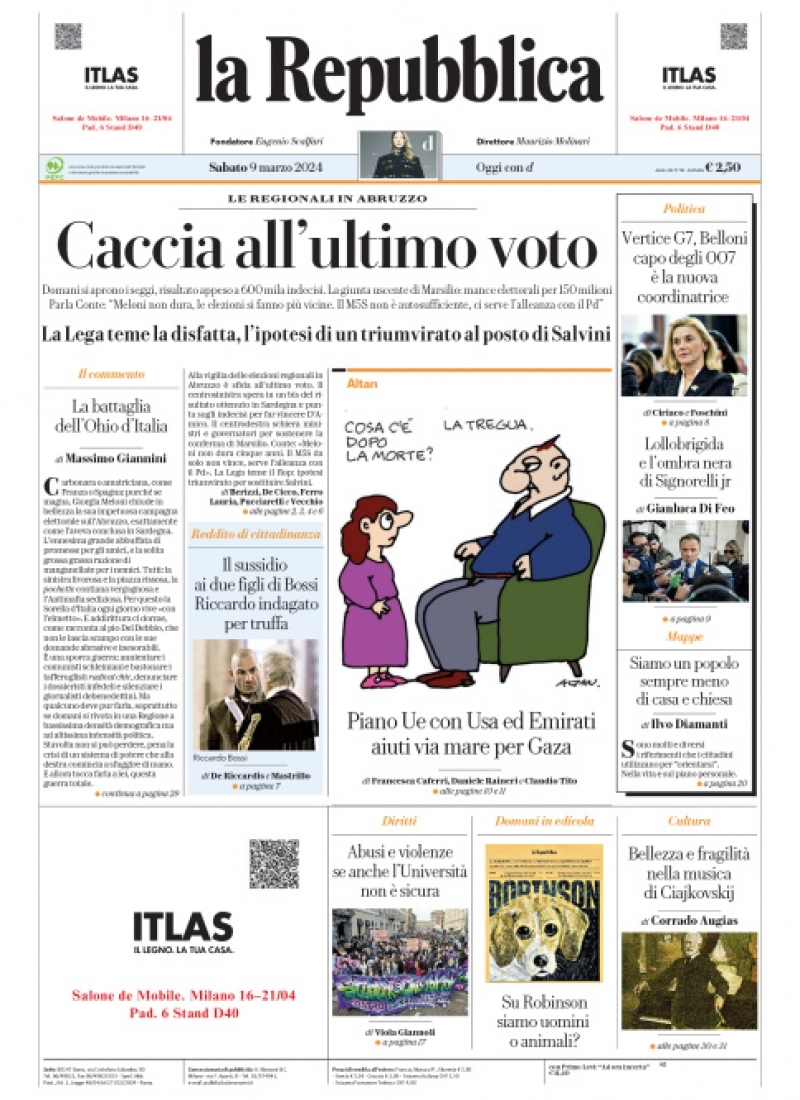 prima pagina - La Repubblica del 08/03/2024