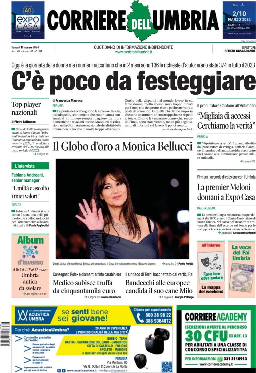 anteprima della prima pagina di corriere-dellumbria del 08/03/2024