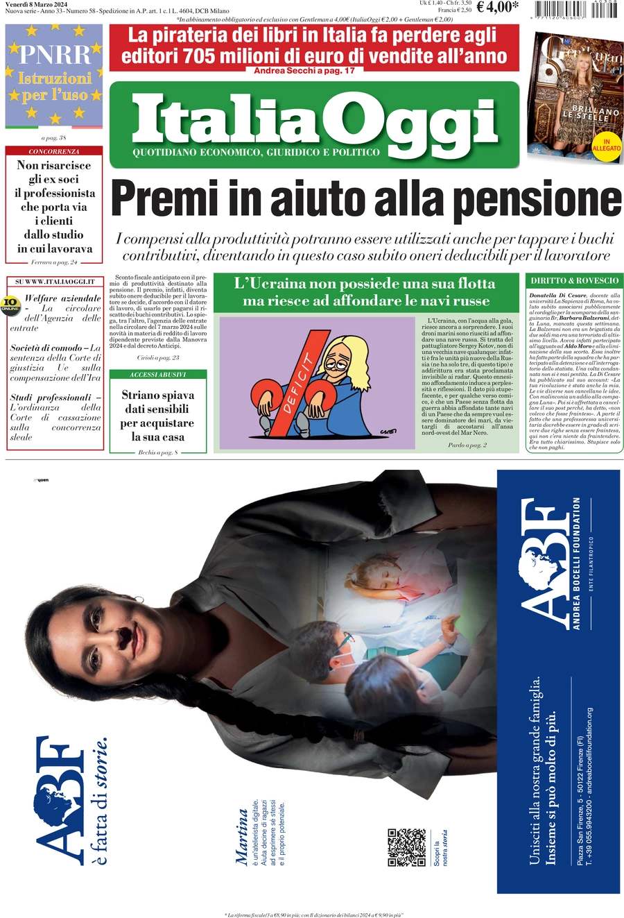 prima pagina - ItaliaOggi del 08/03/2024