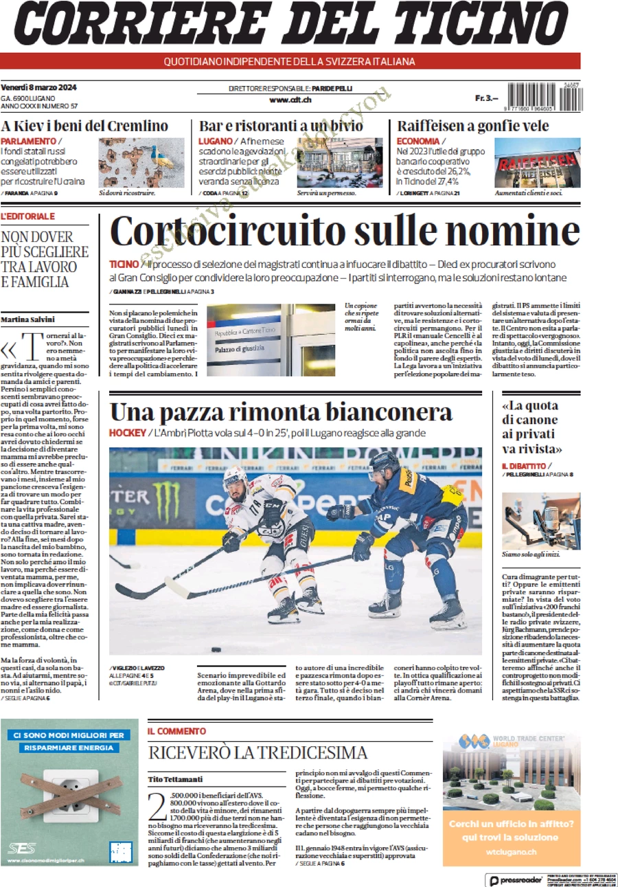prima pagina - Corriere del Ticino del 08/03/2024
