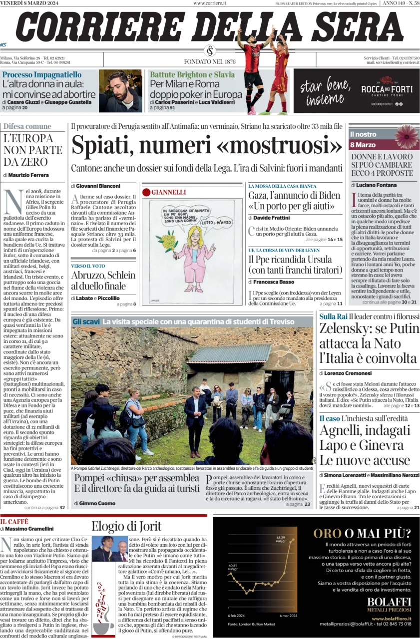 prima pagina - Corriere della Sera del 08/03/2024