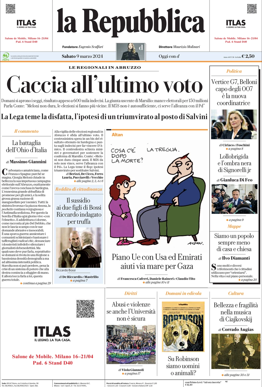 prima pagina - La Repubblica del 09/03/2024