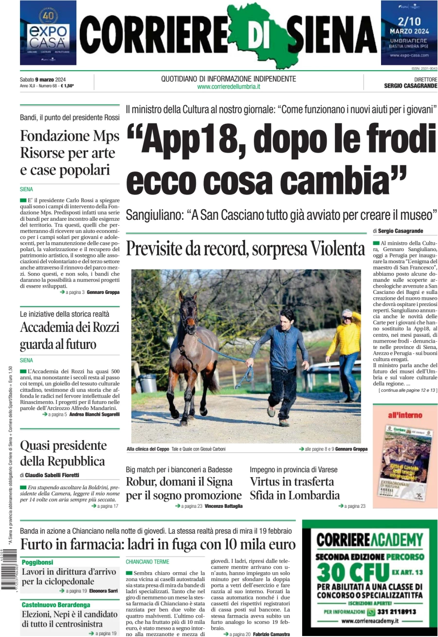 anteprima della prima pagina di corriere-di-siena del 09/03/2024