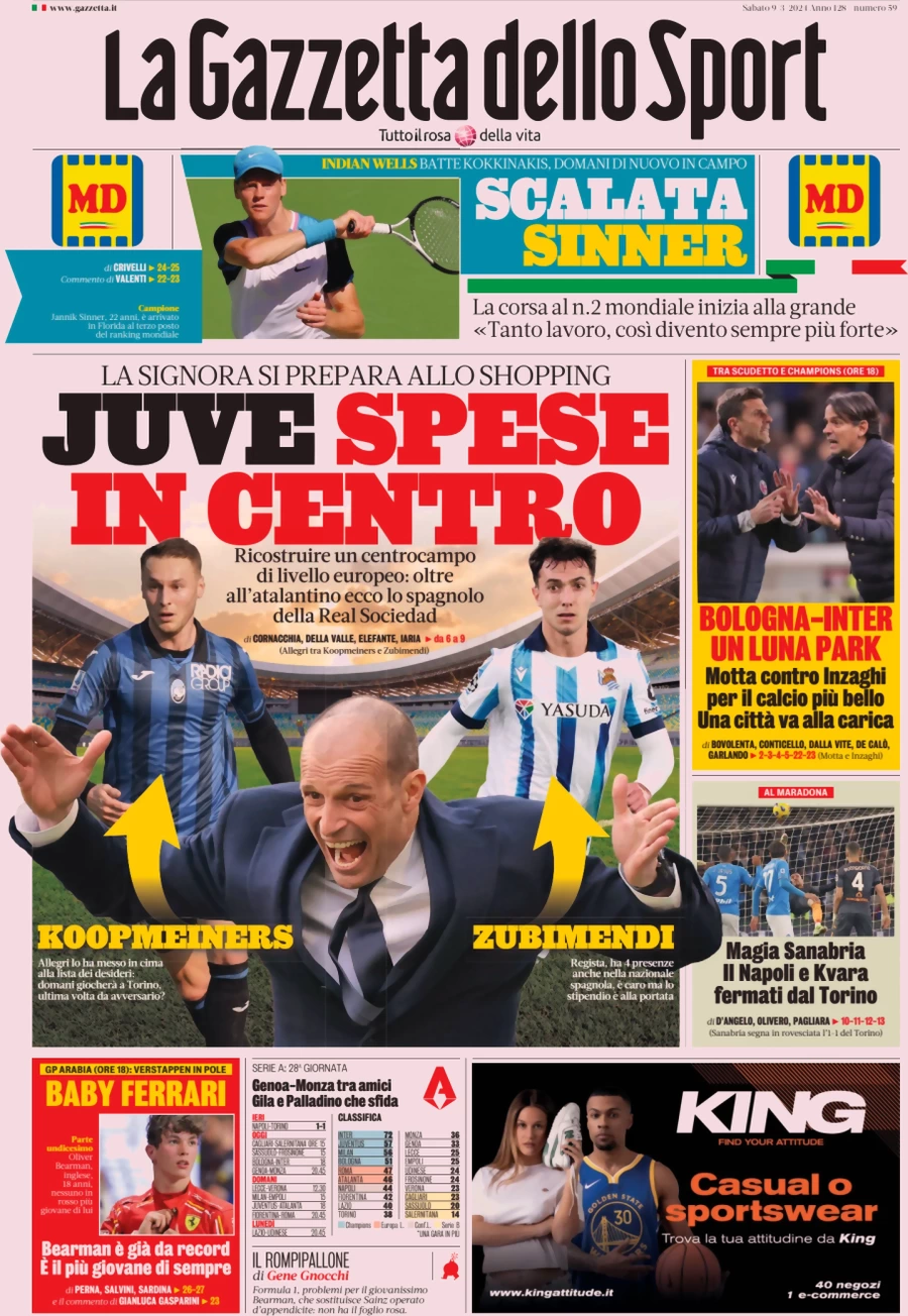 prima pagina - La Gazzetta dello Sport del 09/03/2024