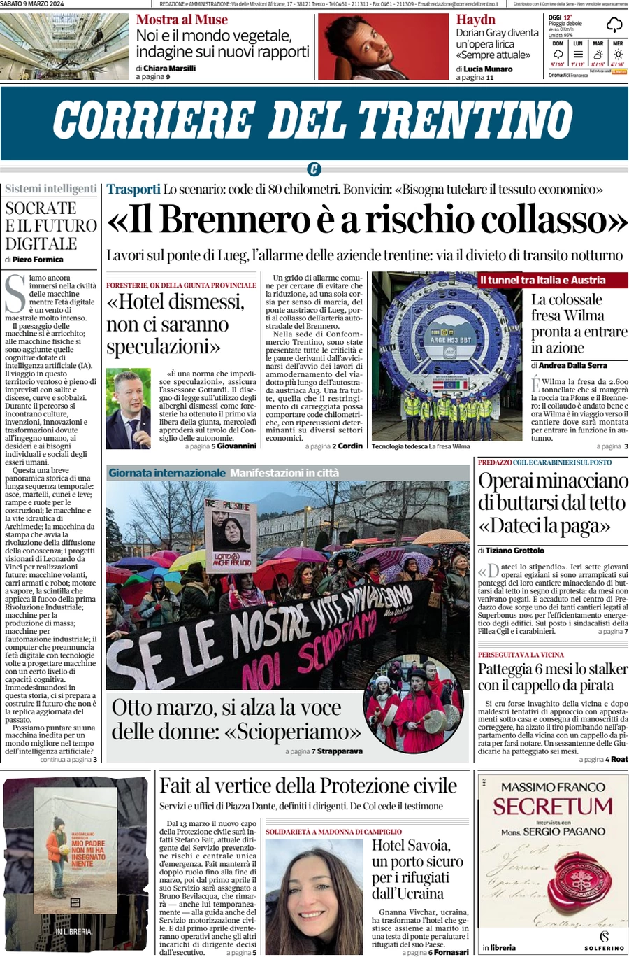 anteprima della prima pagina di corriere-del-trentino del 09/03/2024