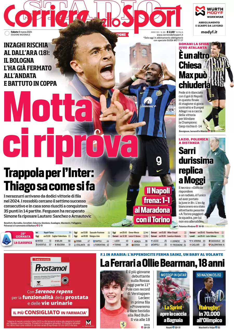 prima pagina - Corriere dello Sport del 09/03/2024